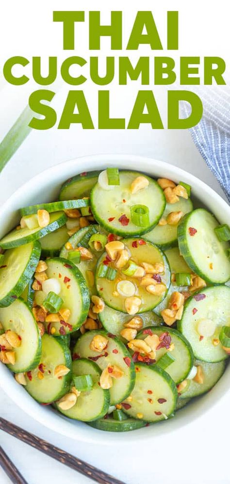 This cucumber salad with crunchy peanuts in a sweet, tangy and spicy Thai-inspired dressing is full of bold, vibrant flavors. An easy 10-minute side dish! Cucumber Salad Asian, Salad Asian, Thai Cucumber, Asian Salad Dressing, Thai Cucumber Salad, Spicy Cucumber Salad, Cold Lunch, Asian Cucumber Salad, Lunch Healthy