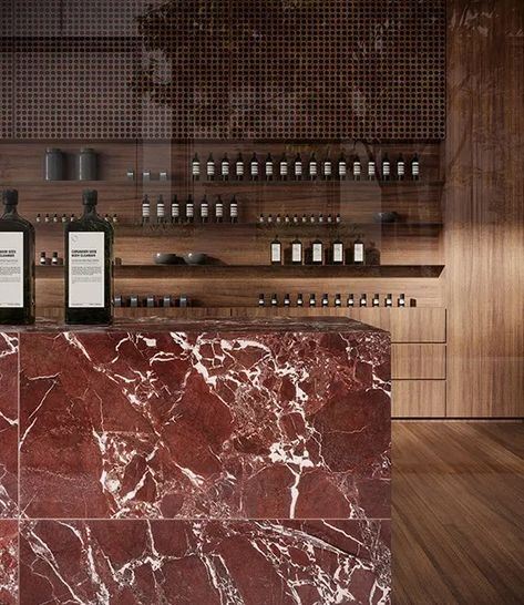 Colorful Marble Countertops, Red Quartz Countertops, Burgundy Marble Kitchen, Deep Red Interior Design, Red Marble Interior, Red Onyx Marble, Maroon Interior Design, Red Marble Countertops, Bold Kitchen Design