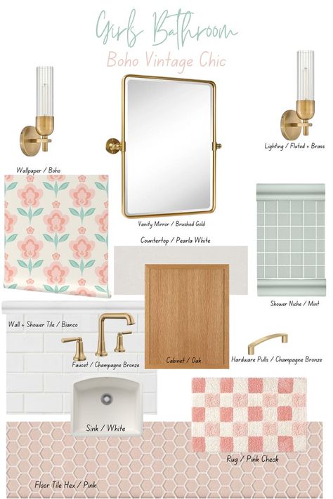 Bathroom Mood Board Bathroom Wallpaper Girls Bathroom Design Pink Bathroom Tile Mint Green Bathroom Girl Colors Bathroom Vintage Boho Chic - Etsy Pink White Bathroom, Vintage Chic Bathroom, Bathroom Design Pink, Small Pink Bathroom, Dr Bathroom, Girl Bathroom Ideas, Pink Bathroom Tile, Teen Girl Bathroom Ideas, Teen Girl Bathroom