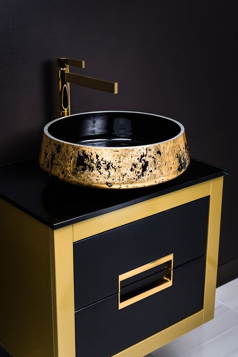 MaestroBath Proudly Presents Luxury Danya Gold Bathroom Vanity and Exte Lux Bathroom Sink and Caso Polished Gold Bathroom Faucet Gold Sink, Gold Bathroom Faucet, Gold Bad, Vintage Faucet, Luxury Bathroom Sinks, Italian Bathroom, Bathroom Sink Cabinets, Washbasin Design, Basin Design