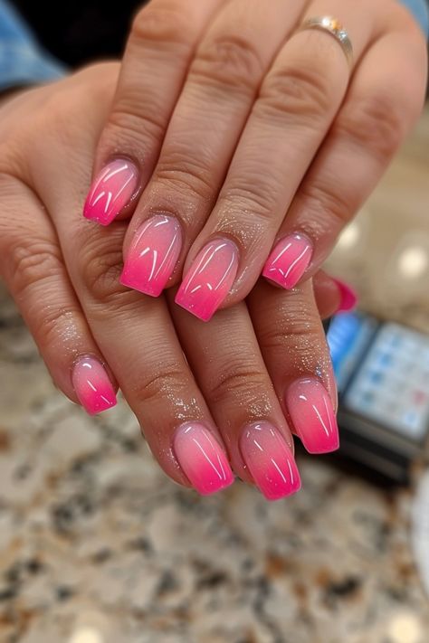 17 Ombre Nail Ideas That Are Gorgeous Pink And Blue Ombre Nails Short, Light Pink Ombré Nails, Ombre Nails Square Short, Umbra Nails Ombre, Nails Inspo Ombre, White Nails With Hot Pink, Color Ombre Acrylic Nails, Purple Pink Ombre Nails, Pink Tips With Glitter