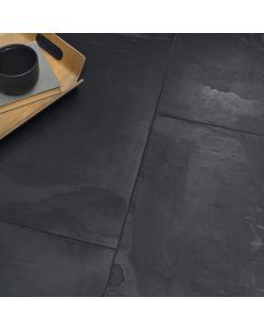 Slate Interior Design, Dark Tile Floors, Black Slate Floor, Slate Floor Kitchen, Black Slate Tiles, Black Tile Bathrooms, Slate Kitchen, Slate Tiles, Slate Tile Floor