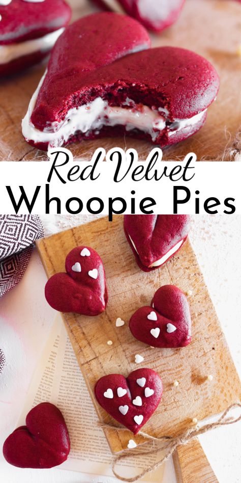 Valentines Day Whoopie Pies, Valentines Whoopie Pies, Valentine Whoopie Pies, Red Velvet Gobs, Red Velvet Whoopie Pies From Box Cake, Cake Mix Whoopie Pies, Creative Deserts, Whoopi Pies, Pumpkin Whoopie Pie Recipe