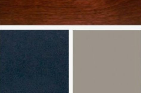 navy teal black & taupe with warm wood trim. white & pale grey stones will be added for accent Taupe And Navy Bedroom, Taupe And Navy Living Room, Navy Blue And Wood Living Room, Dark Blue Palette, Navy House Exterior, Navy Bedrooms, Navy Walls, Grey Paint, Wood Room