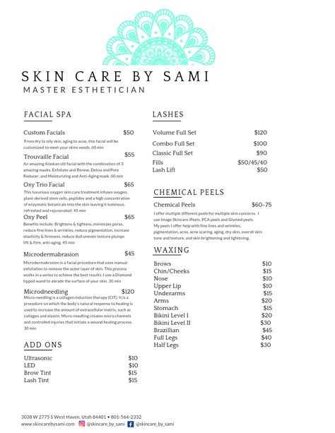 Small Day Spa Ideas, Esthetician Menu Price List, Esthetician Menu Ideas, Service Menu Esthetician, Service Menu Spa, Esthetician Must Have, Price List Esthetician, Esthetician Facial Price List, Esthetician Prices