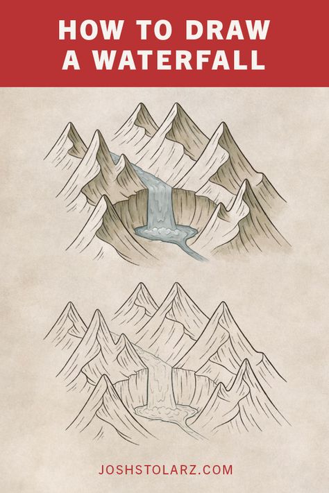 Waterfalls are always considered a feature of a landscape, and something that is worth traveling just to see. So if you want to draw maps that people find interesting and tell a story, then waterfalls are a great element to learn how to draw. This tutorial breaks down my process on how I draw waterfalls for my fantasy maps. | #fantasymap #map #waterfall #mapping #mapyourstory #cartography #dnd Draw A Waterfall, Landscape Drawing Tutorial, Map Sketch, Fantasy Map Making, Fantasy World Map, Drawn Map, Dungeon Maps, Fantasy Map, Landscape Drawings