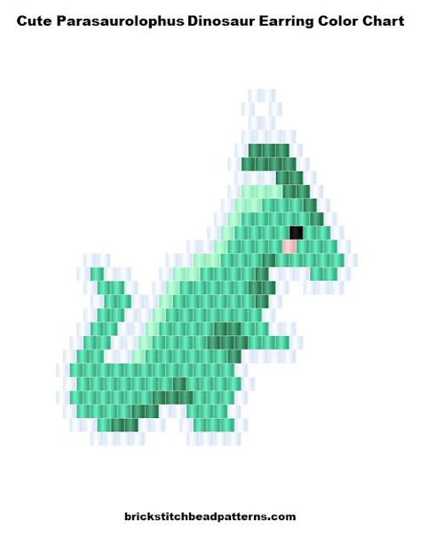 Free Cute Parasaurolophus Dinosaur animal earring brick stitch seed bead weaving pattern. Download the free bead pattern color chart graph, labeled color chart graph, a letter chart graph that is similar to a word chart, and a bead count list. These earrings were designed for using generic seed beads by Brick Stitch Bead Patterns Journal. Brick Stitch Dinosaur, Seed Bead Patterns Free Earrings, Beading Business, Bead Creatures, Seed Bead Weaving, Beaded Critters, Seed Bead Patterns Free, Bead Animals, Beads Inspiration