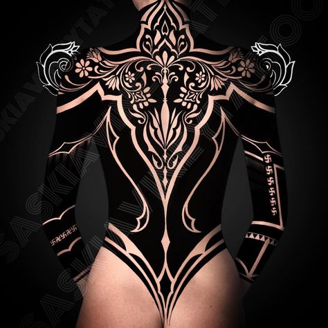 Ornamental Back Piece, Backpiece Tattoo, Blackout Tattoo, Japan Tattoo Design, Tattoed Women, 4 Tattoo, Body Suit Tattoo, Full Body Tattoo, Detailed Tattoo