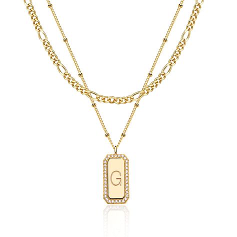 PRICES MAY VARY. Material: 14K gold plated necklace with double chain layered, made of dainty brass, 14K real gold plated, the color of our gold initial necklace will last a Long time without Tarnish. Hypoallergenic jewelry, no nickle or lead, perfect necklaces for women Layered Necklaces: 2 layering initial necklaces for women trendy jewelry, gold layered figaro chain letter initial necklaces set with square charm, engraved with initial and cubic zirconia. Large initial pendant dainty necklace Everyday Gold Jewelry, Layered Gold Jewelry, Everyday Jewelry Gold, Necklaces Simple, Gold Initial Necklace, Necklaces Set, Necklace Everyday, Pendant Necklace Simple, Initial Necklaces