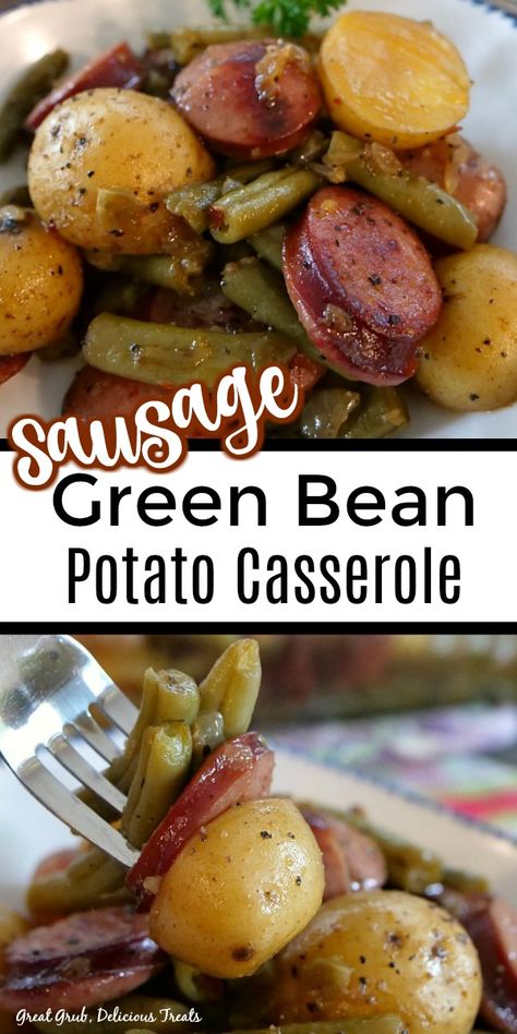 Sausage Green Bean Potato Casserole is an easy weeknight meal, loaded with sausage, green beans and potatoes, and seasoned perfectly. Sausage Green Bean Potato Casserole, Green Bean Potato Casserole, Smoked Sausage And Potato Recipe, Sausage And Green Beans, Baked Green Beans, Smoked Sausage Recipes, Beans And Sausage, Healthy Meat Recipes, Sausage Dishes