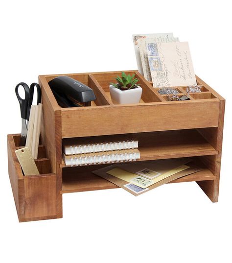 All The Rages Home Office Tiered Desk Organizer Natural Wood | JOANN Wooden Office Accessories Gifts, Boho Office Desk Supplies, Boho Office Desk Accessories, Wooden Desk Organizer Plans, Organize Receptionist Desk, Wooden Office Desk Organizer, Tiered Desk, Desk File Organizer, Wood Desk Organizer