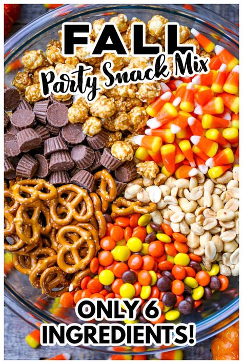 Cornucopia Snack Ideas, Trail Mix Recipes Fall, Fall Candy Mixture, Autumn Trail Mix Recipe, Fall Birthday Snacks, Party Snack Mix Ideas, Snacks For Small Gathering, Fall Snack Mixes Healthy, Fall Party Mix Ideas