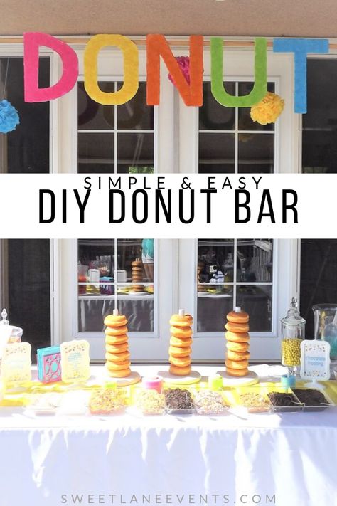 Party Food Bar idea!  Super simple and yummy doughnut bar!  Give your guests plain donuts to frost themselves and cover with candy, cereal, coconut, nuts, chocolate and sprinkles.  SweetLaneEvents.com How To Serve Donuts At A Party, Birthday Doughnut Ideas, Donut Party Food Ideas, Dunkin Party, Diy Donut Decorations, Plain Donuts, Diy Donut Bar, Doughnut Bar, Hoover Board