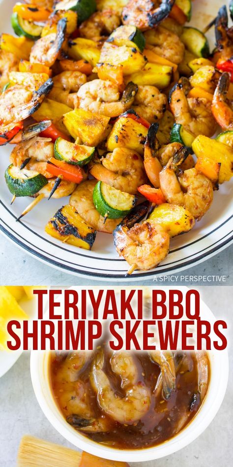 Teriyaki BBQ Shrimp Skewers Recipe - An easy dinner idea you can make on the grill. This light healthy recipe is packed with protein and produce! #ASpicyPerspective Bbq Shrimp Skewers, Shrimp Teriyaki, Shrimp Skewer Recipes, Bbq Shrimp, Shrimp Skewers, Kabob Recipes, Skewer Recipes, Grilled Shrimp, On The Grill