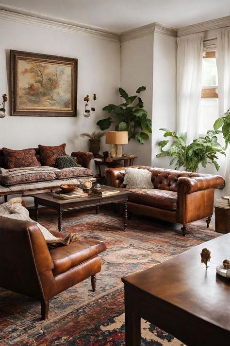 26 Retro Style Living Room Ideas: Embrace Nostalgia and Modern Design - Tips and Inspiration - placeideal.com Dark Walnut Furniture Living Room, Living Room Vintage Rug, Antique Wood Furniture Living Room, Big Vintage Living Room, Historic Living Room Ideas, Old Leather Couch Living Room, Vintage Classic Living Room, Brown Leather Sofa Interior, Classic Antique Interior Design