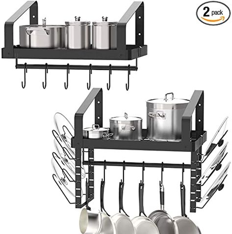 Amazon.com: X-cosrack Pot Racks Wall Mounted Set of 2 ,with Towel Bar and Pots Pans Lids Organizer, Kitchen Cookware Hanging Shelves with 12 Hooks, Black: Home Improvement Small Kitchen Bar, Pot And Pans Organization, Pot Organization, Pot Lid Organization, Pan Organization, Pot Racks, Pot Rack Hanging, Organizer Kitchen, Tiny Apartments