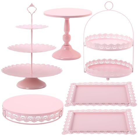 PRICES MAY VARY. 6 pieces cake stand set: 1* 3-layer cupcake tower (12in, 10in, 7in), 1* 2-tier cupcake holder( 10in), 1* cake stand with base(10in), 1* round cake pedestal(12in), 2* rectangular serving tray(14.5in*12in); MULTIPURPOSE: The cake display set has 5 different style designs, suitable for all kinds of desserts at the party, fit for displaying cake, cupcakes, candy, muffins, pastries, cookies, biscuit or other delicious dishes! SAFETY MATERIAL: Our cake display set is made of durable h Pink Birthday Decorations, Pink Cake Stand, 17th Birthday Ideas, Cake Stand Set, Display Pedestal, Shower Balloons, Baby Shower Theme Decorations, Pink Birthday Party, Cupcake Holder