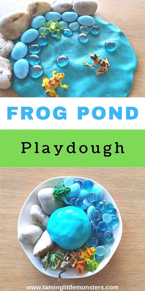 Frog Pond Playdough - invitation to play for kids. a great spring themed sensory and fine motor activity for toddlers and preschoolers. #spring #finemotor #sensory #toddler #preschool Pond Sensory Table, Frog Provocation, Pond Life Kindergarten Activities, Frog Themed Activities, Frog Process Art, Pond Life Sensory Bin, Spring Sensory Bins For Preschool, In The Pond Preschool Theme, Pond Life Theme For Preschool