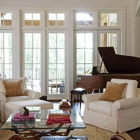 Nothing brightens up your home's design quite like a wall of windows... ☀️ #thecottagejournal #inspo #slipcovers Grand Piano Living Room, Piano Living Rooms, Wall Of Windows, Cottage Journal, Baby Grand Pianos, Piano Room, Rural Retreats, Grand Piano, Livingroom Layout