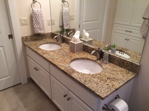 New venetian gold granite donated by Pacific Shore Stones for the bathroom of Sgt Ray Coffey's new home in Georgetown, TX. Bathroom Ideas Brown Countertop, New Venetian Gold Granite Bathroom, Venetian Gold Granite Bathroom, Tan Granite Countertops Bathroom, Brown Granite Bathroom, Brown Granite Countertops Bathroom, Tan Countertops Bathroom, Granite Countertops Bathroom, Venetian Gold Granite