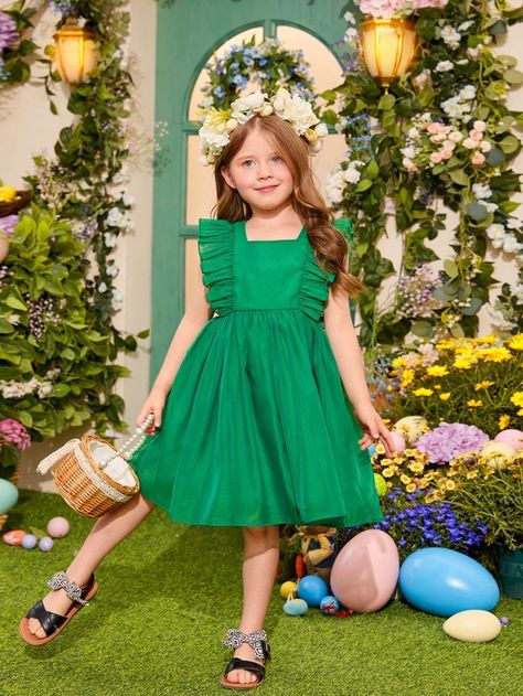 Frocks For Kids, Bridal Lehenga Online, Simple Frocks, Green Cute, Ruffle Trim Dress, Girl Dress Patterns, Dresses Kids Girl, Toddler Girl Dresses