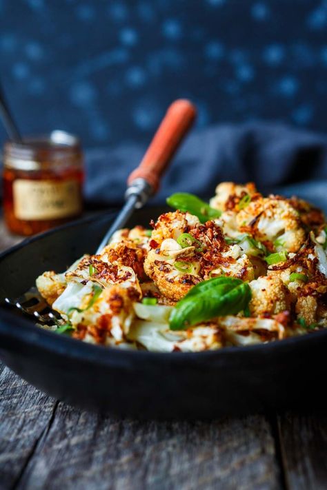 Golden and delicious roasted Chili Crisp Cauliflower is a fast side dish or easy snack with loads of flavor and crunchy texture. Crisp Cauliflower, Cauliflower Chili, Chile Crisp, Salty Recipes, Feasting At Home, Chili Crisp, Tv Dinner, Homemade Chili, Roasted Peanuts