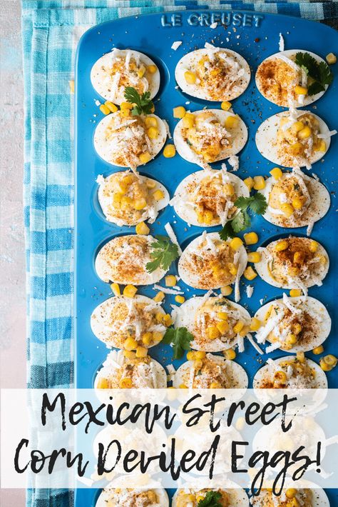 Easy deviled eggs make a great appetizer for any party but especially Easter brunch! These are filled with corn and spices and topped with Cojita cheese. Find the recipe here at Foodness Gracious #deviledeggs Cojita Cheese, Easy Deviled Eggs, Mexican Brunch, Bohemian Style Home, Mexican Appetizers, Deviled Eggs Easy, Mexican Street Corn, Street Corn, Mexican Street