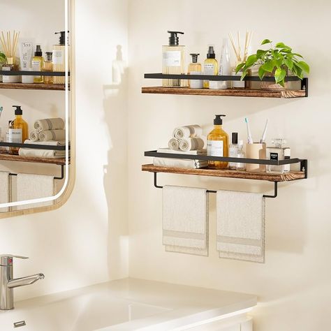 Amada HOMEFURNISHING Floating Shelves Wall Mounted, Wall Shelves for Bathroom, Kitchen, Bedroom, Storage Shelf with Towel Bar, Set of 2, Rustic Brown : Amazon.ca: Home Wall Shelves For Bathroom, Bedroom Storage Shelves, Bathroom Shelf With Towel Bar, Shelves For Bathroom, Wall Mounted Storage Shelves, Over Toilet Storage, Shelves Over Toilet, Floating Shelves Wall, Rustic Wall Shelves