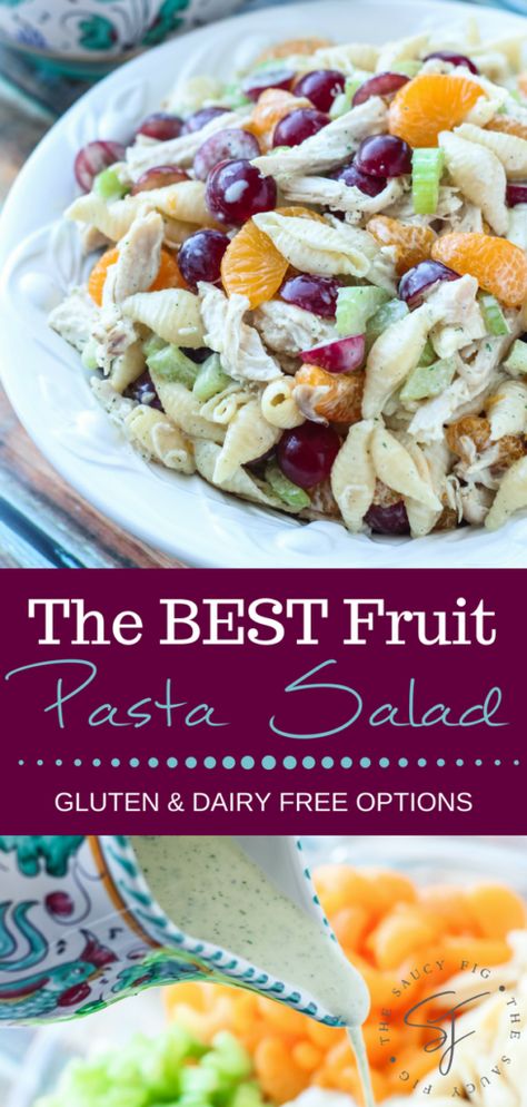 This delicious and easy Fruit Pasta Salad is loaded with juicy grapes, celery, chicken, mandarin oranges and tossed in an amazing lower calorie, creamy ranch dressing. (Gluten and dairy-free options). via thesaucyfig.com Delicious Sides, Creamy Ranch Dressing, Creamy Ranch, Taco Salad Recipes, Mandarin Oranges, Fig Recipes, Gluten And Dairy Free, Easy Appetizers, Fruit Salads