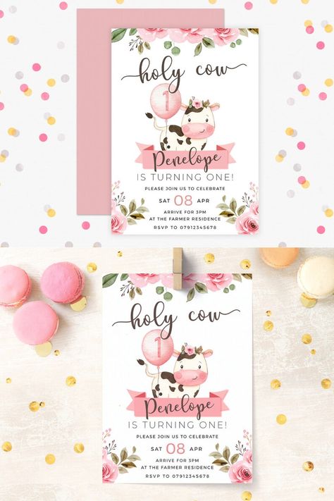 Holy Cow One Birthday Invitation Cow First Birthday Decor - Etsy UK Holy Cow I’m Turning One Invitations, Holy Cow I’m One Girl, Cow First Birthday Girl, Holy Cow I’m One, Holy Cow Im One Birthday Girl, Cow Themed Party, Cow First Birthday, Baby First Birthday Themes, First Birthday Decor