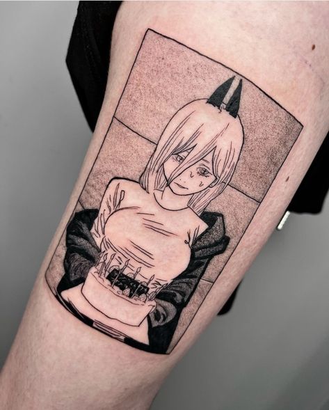 por @keni.tattoo - frames - anime - otaku - tatuagem - geek - blackwork - rastelado Power Tattoo, Book Writing Inspiration, Leg Sleeves, Blackwork Tattoo, Chainsaw Man, Writing Inspiration, Chainsaw, Blackwork, Writing A Book