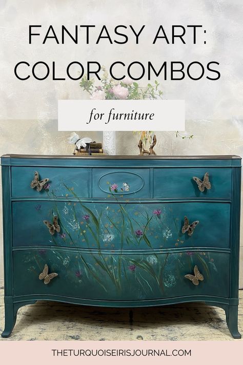 Learn how to paint fantasy inspired furniture with these tips from The Turquoise Iris Journal curator Renee Smith Art Color Combinations, Teal Painted Furniture, Turquoise Painted Furniture, Turquoise Furniture, Inspired Furniture, Learn How To Paint, Furniture Painting, Chalk Paint Furniture, Furniture Makeovers