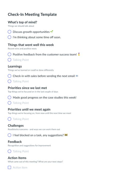 Call Center Manager Ideas, One On One Meeting Template, Meeting Template Layout, 1:1 Meeting Template Employee, Work Meeting Theme Ideas, One On One Meeting Employee Template, Employee Check In Questions, Staff Motivation Ideas, Meeting Journal