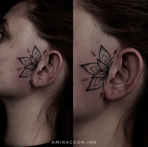 Ear Face Tattoos For Women, Lotus Flower Face Tattoo, Mandela Face Tattoo, In Front Of Ear Tattoos For Women, Front Ear Tattoo Women, Side Burn Tattoos For Women Face, Front Ear Tattoo, Face Tats For Women, Mandala Ear Tattoo