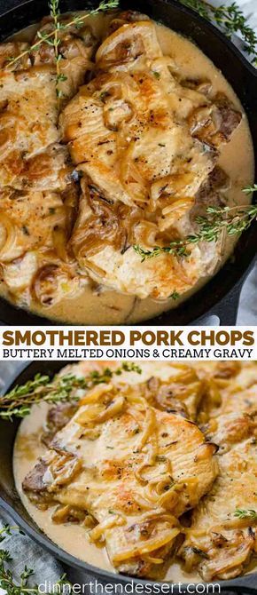 Smothered Pork Chops are tender braised pork chops served with a creamy, seasoned, onion gravy make this homemade pork chop recipe worthy of a Sunday dinner. #pork #porkchops #southern #southernfood #dinner #easydinner #kidfriendly #dinnerthendessert Braised Pork Chops, Dinner Pork, Smothered Pork Chops Recipe, Pork Chop Recipes Crockpot, Pork Chop Recipe, Pork Chops And Gravy, Smothered Pork, Pork Chop Recipes Baked, Pork Chop Dinner