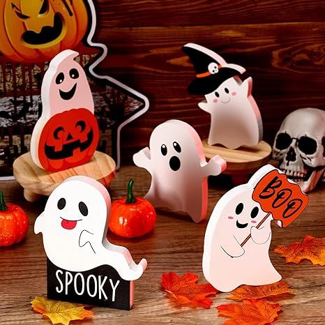 Ghost Halloween Decorations, Décoration Table Halloween, Fall Blocks, Spooky Signs, Ghost Decor, Halloween Cute Ghost, Table Halloween, Halloween Wood Signs, Witch Signs