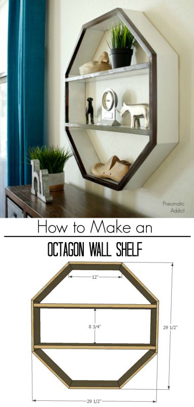 How to build an octagon shaped wall shelf with this simple tutorial and building plans. Wood Octagon Shelves, Octagon Shelf Decor Ideas, Octagon Shelves Decor, Shelf Diy Easy, Diy Wood Wall Shelf, Shelf Plans Diy, Octagon Shelf, Octagon Shelves, Diy Hexagon Shelves