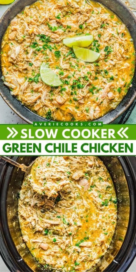 You're going to love this Slow Cooker Green Chile Chicken! Not only is this crockpot chicken an easy family dinner, but it is also full of flavor. Use this main course recipe in tacos, burritos, and more! Chicken Verde, Shredded Chicken Crockpot, Green Chile Chicken, Hatch Green Chile, Salsa Verde Chicken, Tacos Burritos, Green Chiles, Easy Family Dinners, Main Course Recipes