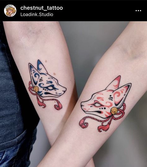 Chestnut Tattoo, Fox Masks, Japanese Style Tattoo, Japanese Mask Tattoo, Brother And Sister Tattoo Ideas, Sister Tattoo Ideas, Kawaii Tattoo, Bff Tattoos, Matching Couple Tattoos