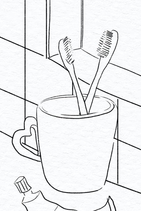 Couple’s toothbrushes romantic vector Valentine’s day black and white sketch | premium image by rawpixel.com / Adj Toothbrush Sketch, Art Aesthetic Drawing, Drawing Romantic, Farm Coloring Pages, Black And White Sketches, Minimal Prints, Love Wall Art, Art Bathroom, Love Wall