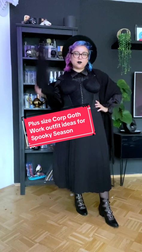 How to wear lingerie to the office? Layer it! ☺️🖤 Serving a Corporate Goth in the Spooky Season outfit inspiration for all the plus size witches out there 🪄💫 Business Goth Plus Size, Goth Work Outfits Plus Size, Corp Goth Work Outfits Plus Size, Simple Goth Outfit Plus Size, Plus Size Corporate Goth, Corporate Goth Plus Size, Alternative Work Outfit, Alternative Plus Size, Goth Plus Size