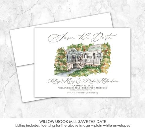 Willowbrook Mill Save the Date Venue Save the Date Custom - Etsy Venue Watercolor, Unique Wedding Stationery, Stationery Printing, Addressing Envelopes, Custom Watercolor, Save The Dates, Envelope Liners, Themed Wedding, Wedding Saving