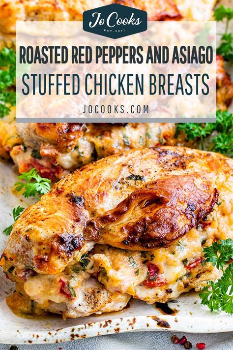 These chicken breasts are stuffed with asiago cheese, tomatoes and roasted red peppers, making for a quick and delicious dinner. #stuffedchickenbreasts #asiagostuffedchicken #stuffedchicken #recipe Recipes With Chicken Breast, Stuffed Chicken Breasts, Cheese Stuffed Chicken Breast, Recipes With Chicken, Jo Cooks, Cheese Stuffed Chicken, Roasted Chicken Breast, Asiago Cheese, Stuffed Chicken