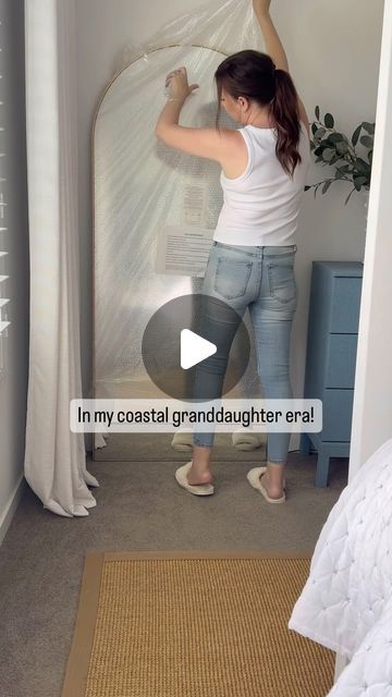 Emma - Coastal Interiors on Instagram: "Coastal Granddaughter Style is trending and definitely here to stay…. There are so many simple yet impactful ways to achieve the coastal granddaughter aesthetic but stick to blue and white palettes with bright airy interiors and you can’t go wrong! Add in an oversized floor mirror to not only make your room feel bigger but reflect all that light to make your room feel bright and airy and I just loovvve the gold leaf detail on this mirror Comment MIRROR 🪞 and I’ll send you the link to this brass bjorn mirror. Bjorn Mirror @lifeinteriors #coastalhome #coastalgrandmother #coastalgrandma #coastalgranddaughter #mirror #mirrormirror #mirrors #coastalmodern #coastaldecor #coastalcottage #coastaldecorating #coastalboho #interiors #interiordesign #inte Coastal Granddaughter Style, Oversized Floor Mirror, Coastal Granddaughter Aesthetic, Granddaughter Aesthetic, Coastal Deco, Neutral Bathroom, Bathroom Cabinetry, Coastal Boho, Coastal Modern