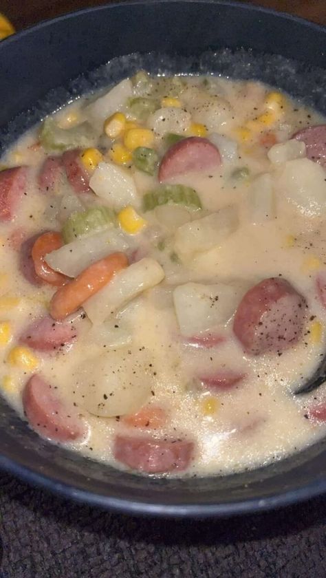 Kitchen Recipes - Kielbasa potato soup 1 pound smoked kielbasa, sliced 8 average potatoes, peeled and cubed 2 cups frozen corn 2 cups chicken broth 2 sticks celery sliced Must express something to keep getting my recipes...Thank you ❤ Recipe: https://recipecs.com/kielbasa-potato-soup/ | Facebook Kielbasa Potato Soup, Kielbasa Potatoes, Smoked Kielbasa, Potato Soup Recipes, Carrots Chicken, Kielbasa Soup, How To Cook Kielbasa, Kielbasa And Potatoes, Kielbasa Sausage