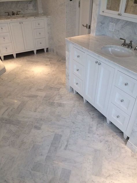 Masterbathroom Ideas, Subway Floor Tile, Carrara Bathroom, Marble Herringbone Floor, Herringbone Bathroom, Carrara Marble Floor, Honed Marble Floor, Carrara Marble Bathroom, Small Ensuite