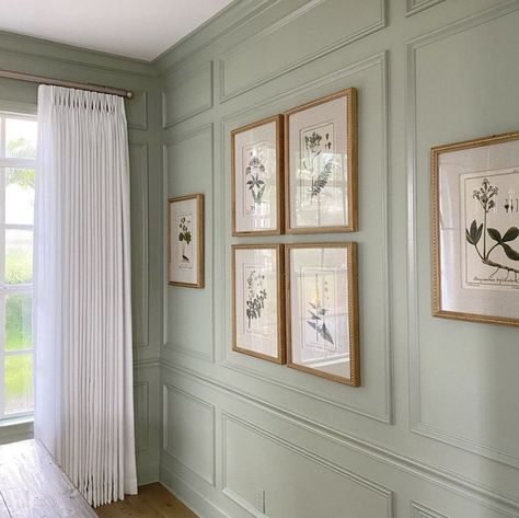 White Paneling With Green Walls, Sage Green Wall Paneling, Wall Paneling With Art, Colored Panel Walls, Green Walls With Paneling, Painted Wall Moulding, Light Green Wall Panelling, Study Wall Paneling, Green Wall With Wainscoting