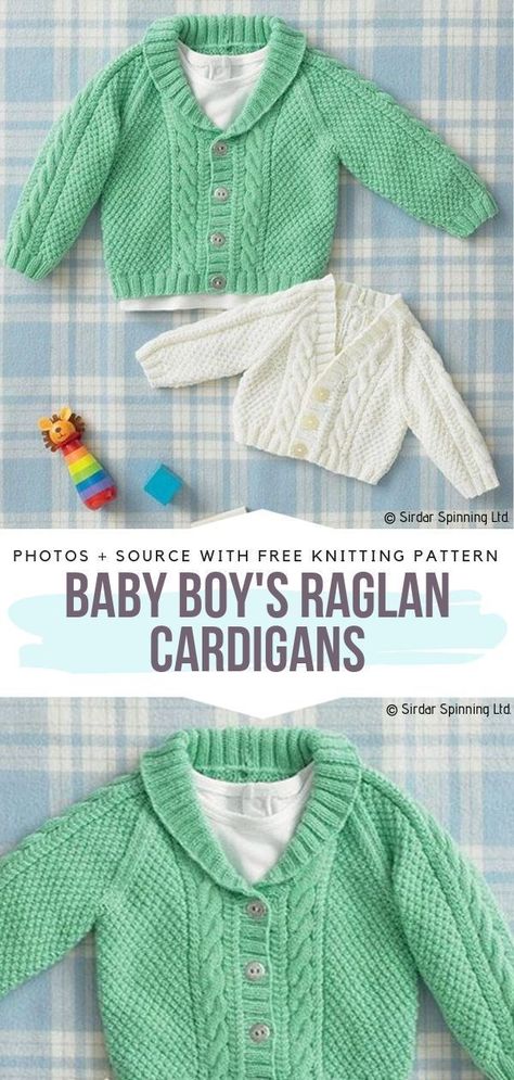 Baby Boy's Raglan Cardigans Free Knitting Pattern This adorable cardigan not only has a beautiful texture but is also easy to knit. Pastel shades look great and you can definitely make it for a boy as well as for a girl. #knittedbabycardigan Crochet Baby Shrug, Free Baby Sweater Knitting Patterns, Baby Boy Knitting Patterns Free, Boys Knitting Patterns Free, Baby Boy Cardigan, Knitting Patterns Boys, Baby Cardigan Knitting Pattern Free, Kids Knitting Patterns, Cardigan Bebe