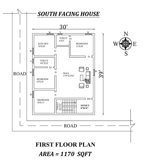 Amazing 30'x39' 3bhk South facing House Plan As Per Vastu Shastra, Autocad drawing file Details. - Cadbull 3bhk South Facing House Plan, 30 X 40 House Plans Open Floor 2 Story, 30x55 House Plans, 30 40 South Facing House Plan, 30x40 House Plans South Facing, South Facing House Plans Vastu 2bhk, 1000sqft House Floor Plans, South Facing House Plans Vastu, South Facing House Elevation Design