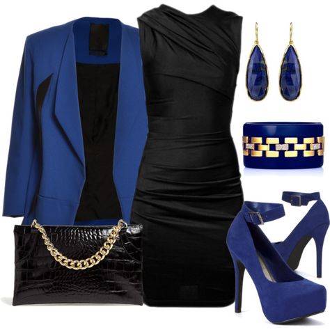 "Black Dress and Blue Blazer" by lisamoran on Polyvore Legal Assistant, Clothes Combinations, Debate Team, Blue Leather Jacket, Baggy Sweatpants, Fantasy Wardrobe, Matching Shoes, Awesome Outfits, Work Clothing